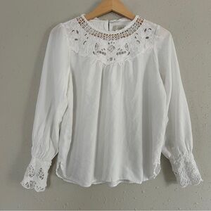 LOFT White Eyelet Lace Long Sleeve Blouse Neutral Casual Office Small